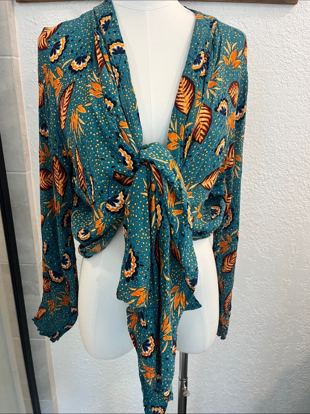 Patrons of Peace Teal Floral Versatile Tie-Front Blouse with multicolor accents